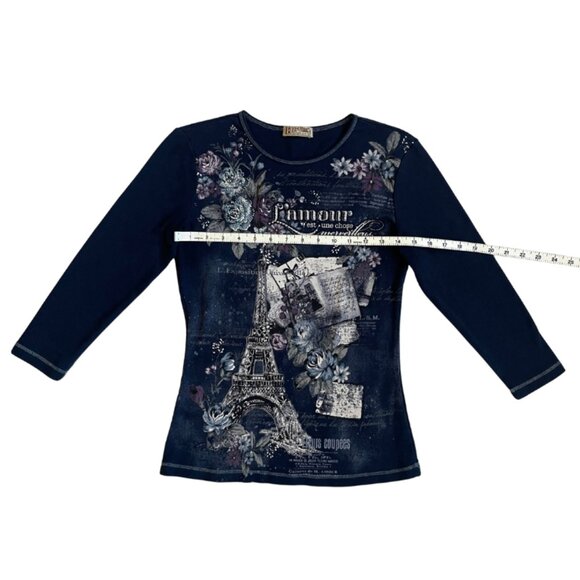 blue canyon y2k paris theme graphic 3/4 sleeve top size small - Picture 7 of 8